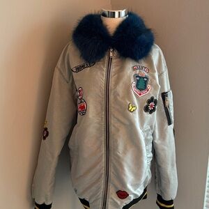 Zara Gray Bomber Jacket with Blue Faux (detachable) Fur Collar Size S